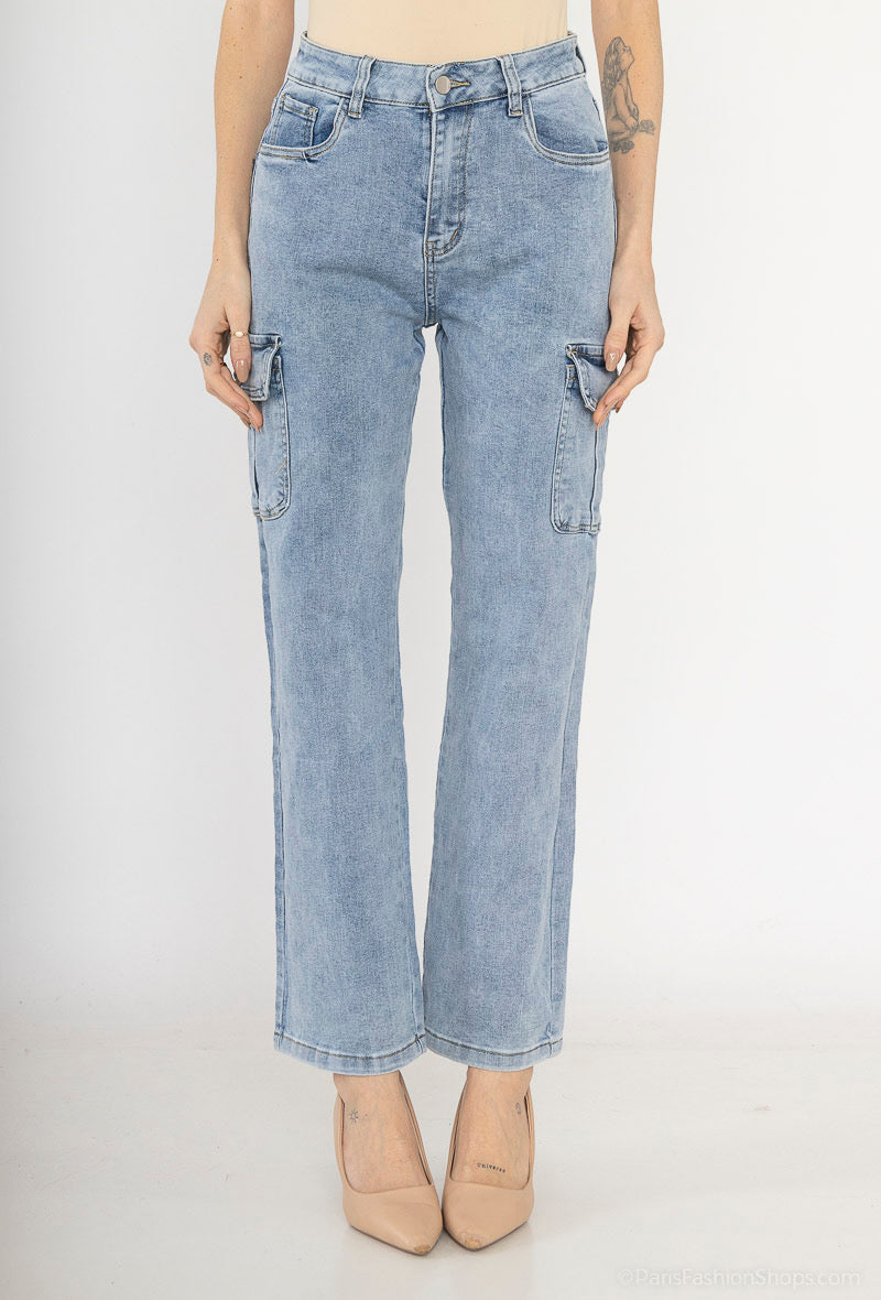 Light Wash Wide-Leg Cargo Jeans